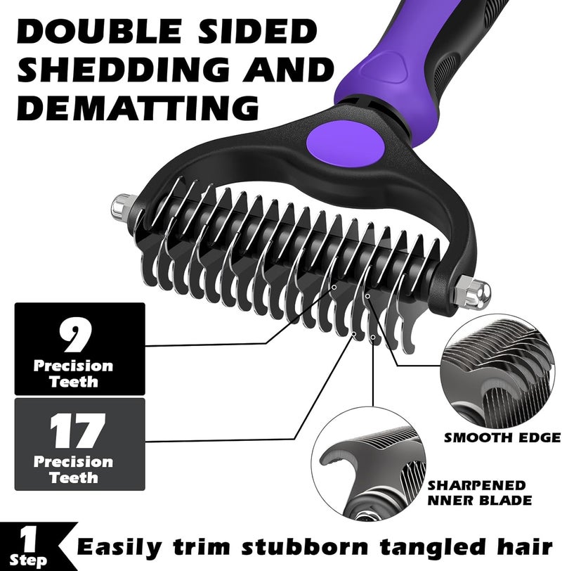 Augwind 3PCS Self Cleaning Slicker Brush & Pet Grooming Rake & Flea Comb for Dogs,Cats and Horses | Double-Sided Dematting Comb & Skin Friendly Deshedding Grooming Tool | Premium Pet Supplies (Purple Black) - Image 2